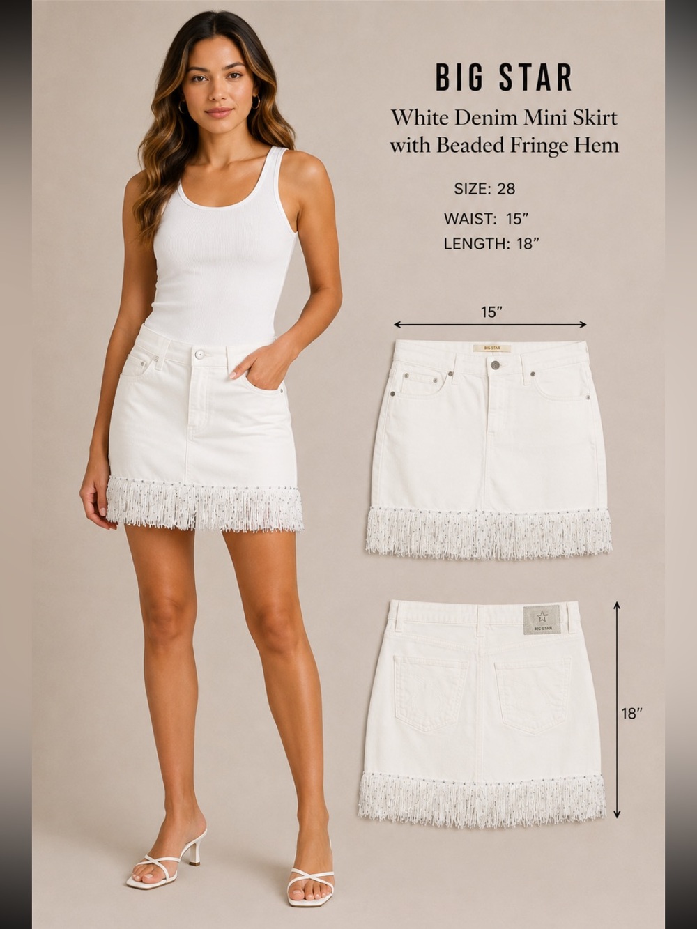 Big Star White Denim Mini Skirt with Beaded Fringe Hem